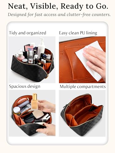 ALEXTINA Travel Makeup Bag, Checkered PU Leather Cosmetic Bag, Black - color: black, size: Medium