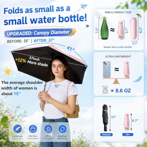 BAODINI Mini Travel Umbrella with UV Sun Protection, Compact Pocket-Size - color: D-1-Pink