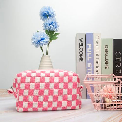 PAZIMIIK Checkered Makeup Bag for Purse, Small Travel Cosmetic Pouch,Pink - color: Pink