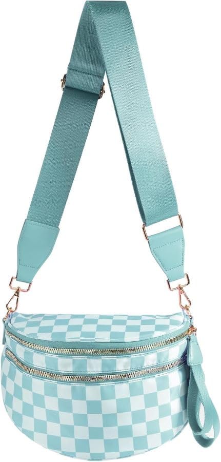 Checkered Crossbody Bag Bum Bag for Women,Spacious Fanny Packs Belt Bag | Stylish and Versatile,football mom essentials,Checkered Purse,mom bag,crescent bag,over the shoulder bags for women - color: Ice-Blue Checkered