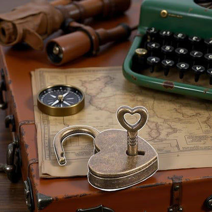 Lock Antique Brass Padlock with Key, Mini Bronze Vintage Heart Shape Anti-Theft Mini Padlock, Metal Heart Shaped Archaize Style, Travel Suitcase Luggage, Keyed, Hasps