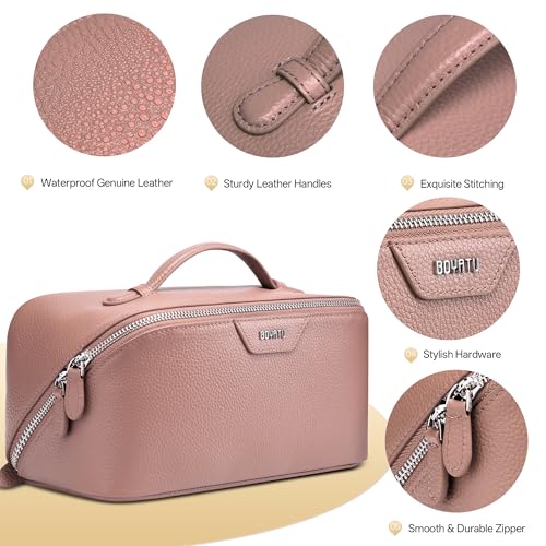 BOYATU Genuine Leather Travel Makeup Bag: Hand-made 3 Pcs Set Cosmetic Bags - color: 05Pink
