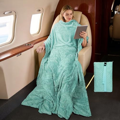 Tirrinia Travel Portable Blanket with Feet Airplane Office Poncho - color: Aqua Honeycomb