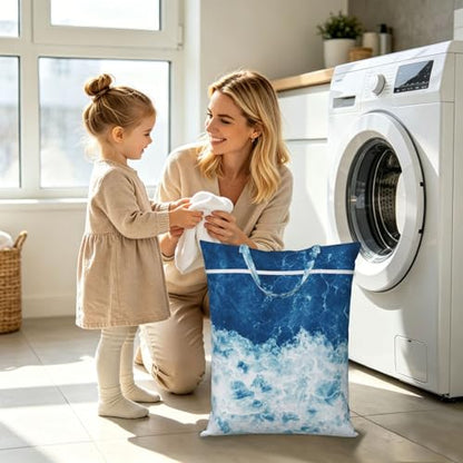 "blue and white wave beach cool 2-Pack Travel Laundry Bags for Dirty Clothes- Large Waterproof Laundry Tote, Wet & Dry Use, Reusable Foldable Carry Handles for Vacation, Gym & Dorm" - color: Blue And White Wave Beach Cool