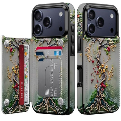 FUNMIKO for iPhone 17 Pro Max Wallet Case, Card Holder, RFID-Blocking - color: Blooming Tree of Life, size: iPhone 17 Pro Max