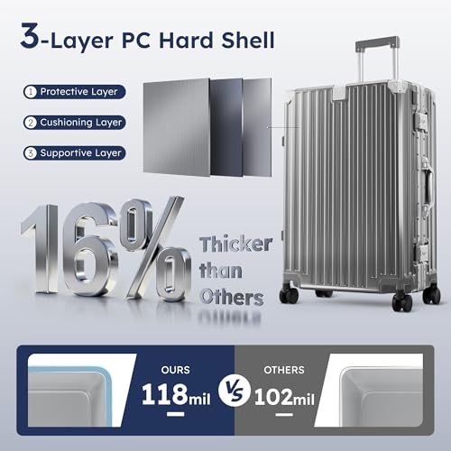 ALPHA CAMP Aluminum Frame Luggage, 24" Medium Checked Zipperless Suitcase - color: Grey, size: 24 Inch