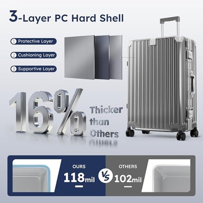 ALPHA CAMP Aluminum Frame Luggage, 24" Medium Checked Zipperless Suitcase - color: Grey, size: 24 Inch