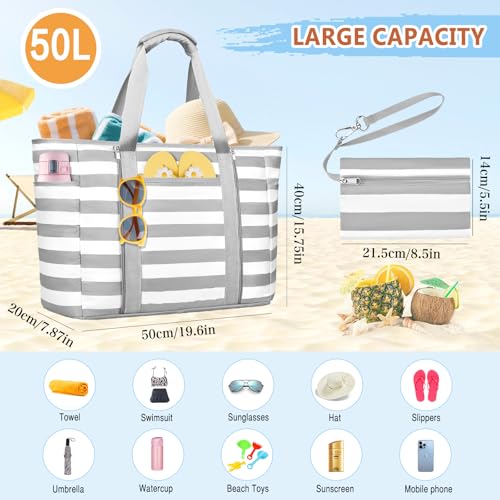 Extra Large Beach Bags for Women Waterproof Sandproof Beach Tote Bag - color: Grey White