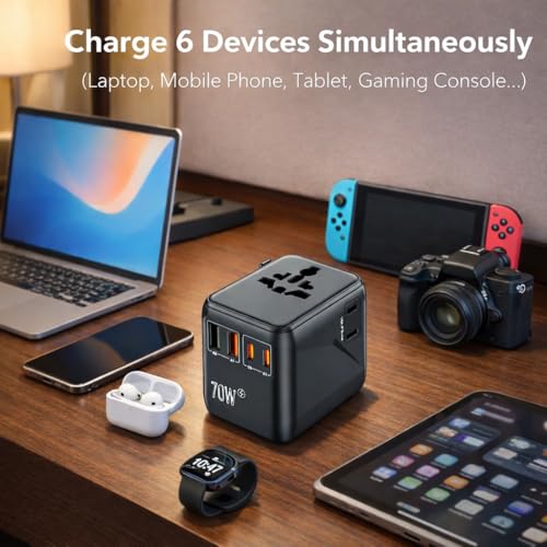 GaN 70W International Travel Adapter 6-in-1 for US/JP, EU, UK, AU