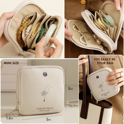 Double-Layer Travel Jewelry Pouch for Bangle, Necklaces, Rings (Beige) - color: Beige