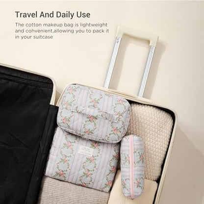 HBselect Quilted Makeup Bag, 3Pcs Cotton Large Travel Makeup Bags Organizer - color: A-3PCS-Floral 51