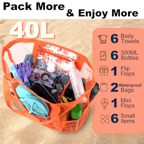 CaCTOUR Mesh Beach Bag,Large Beach Bags for Women with 8 Pockets,Packable Tote Bag for Beach Cruise Pool Vacation Essentials - color: Orange
