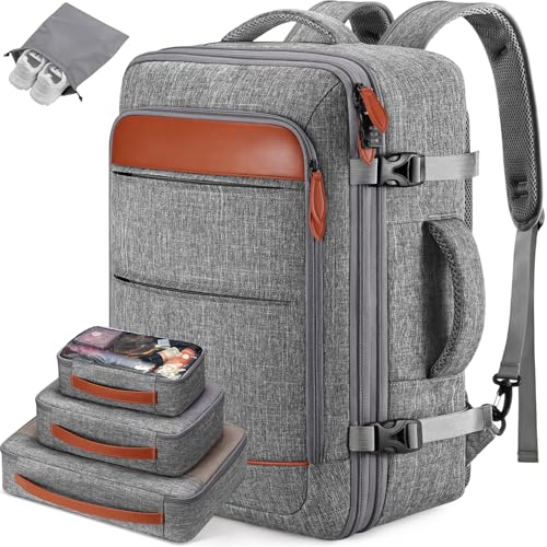 Bagsure Travel Carry On Backpack,42L Flight Approved,Expandable Backpack - color: Grey-brown (Backpack With 4 Packing Cubes)