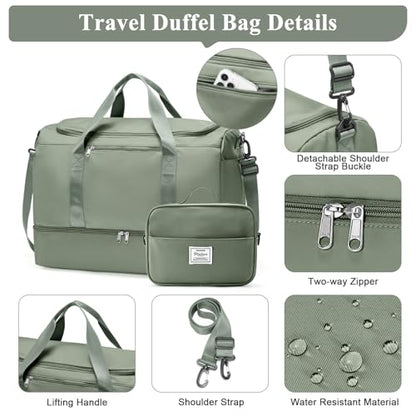 Travel Duffle Bag with Shoe Compartment, XL Weekender Bags for Women - color: B-Green with Toiletry Bag, size: Extra Large