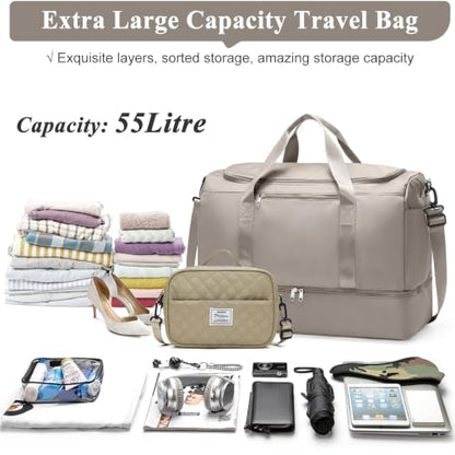 Extra Large Travel Duffle Bag, Carry-On Weekender Bags for Women Travel - color: Camel with Grid Toiletry Bag, size: Extra Large