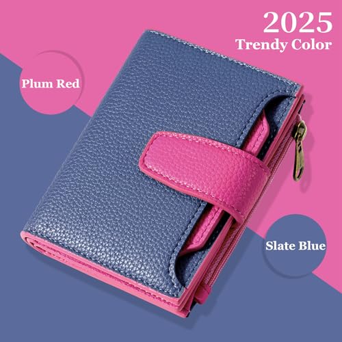 Airkit Small Wallet Women RFID Blocking Vegan Leather Bifold Compact Card Holder Wallet for Women with Zipper Coin Pocket 4 ID Window - color: Colorblock - Blue/Plum Red
