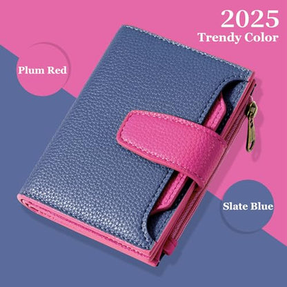 Airkit Small Wallet Women RFID Blocking Vegan Leather Bifold Compact Card Holder Wallet for Women with Zipper Coin Pocket 4 ID Window - color: Colorblock - Blue/Plum Red