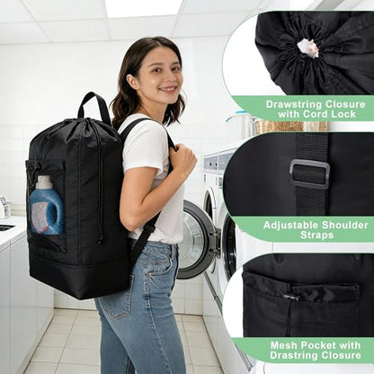 Backpack Laundry Bag,Large Travel Laundry Bags (Black) - color: Black