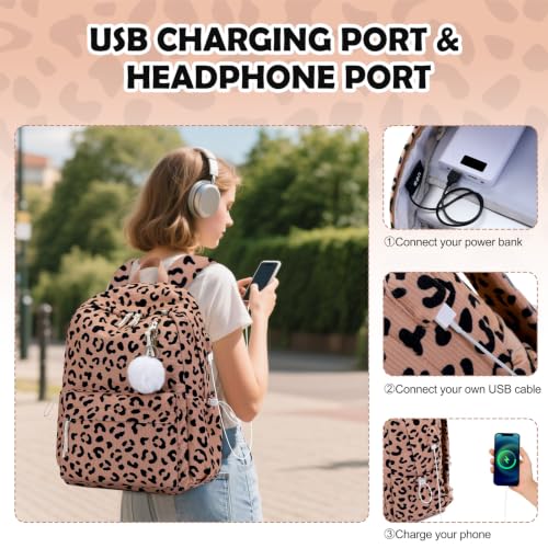3PCS Corduroy Girls Backpack w/ Lunch Box & Pencil Bag (Brown Leopard) - color: Brown Leopard