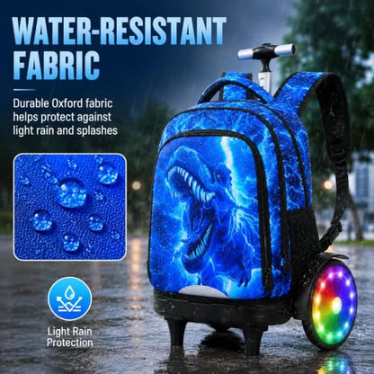 20 Inches Large Wheels Rolling Backpack for Boys with Light Up, 3Pcs Kids Lightning Dinosaur Wheeled Backpack Set for Elementary School (Blue) - color: Lightning Dinosaur(large Wheels)