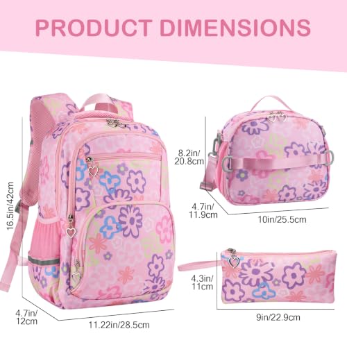 Rexmore Girls 3Pcs Backpack Set with Lunch Box & Pencil Case, Pink - color: Pink