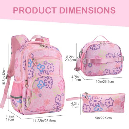 Rexmore Girls 3Pcs Backpack Set with Lunch Box & Pencil Case, Pink - color: Pink