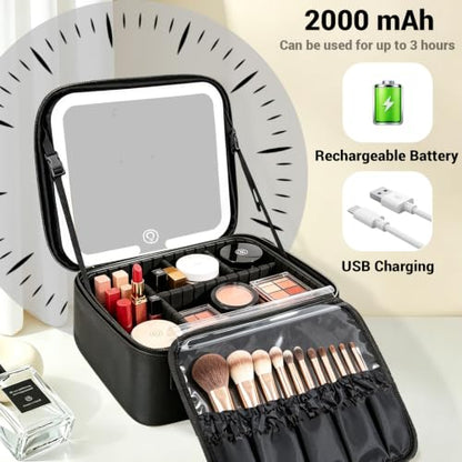 Travel Makeup Bag with LED Mirror, Travel Makeup Organizer，Three-level Adjustable Brightness, Makeup Bag with Removable Lighted Mirror, Adjustable Dividers and Brush Storage Board