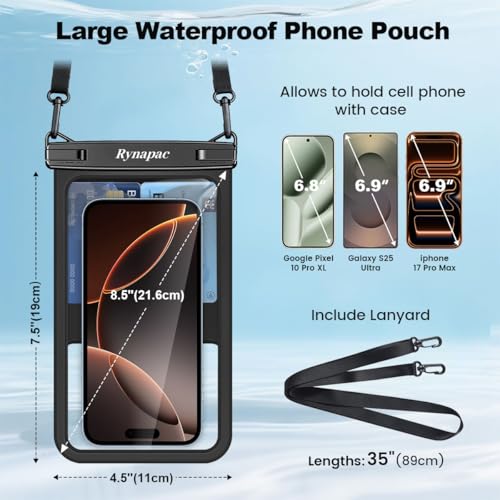 Rynapac IPX8 Waterproof Phone Pouch Up to 8.5", 2Pack Phone Protector Pouch - color: [(Clear)Black+Black] Large Waterproof Phone Pouch, size: Case-friendly [8.5-inch]