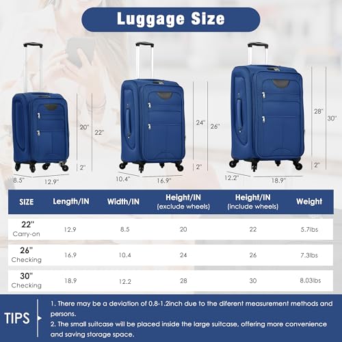 Merax Softside Luggage Set Lightweight 3 Piece Suitcase with Duffel Bag - color: Blue + bags, style: Softside Luggage(22/26/30)