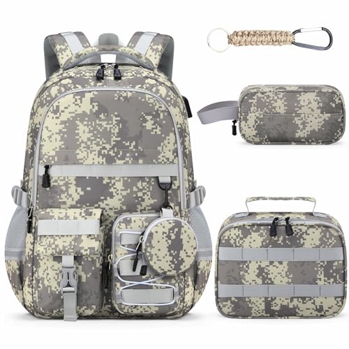 School Backpack for Boys - 5pcs Camo Boys Backpack with Lunch Box Set for Kids Teens Elementary Middle High School,18″ Large Capacity Students Bookbag - color: Gray-backpack Set