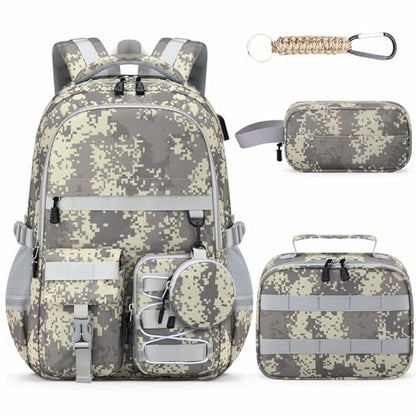 School Backpack for Boys - 5pcs Camo Boys Backpack with Lunch Box Set for Kids Teens Elementary Middle High School,18″ Large Capacity Students Bookbag - color: Gray-backpack Set