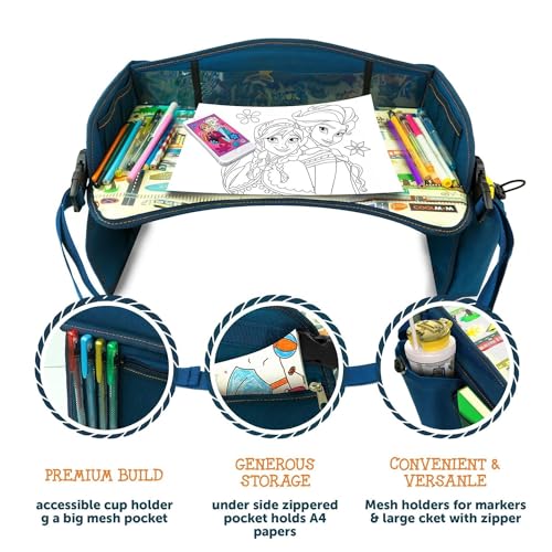Coolmum 2-in-1 Kids Toddler Travel Tray & Back Seat Organizer — Foldable Waterproof Car Tray with Tablet Holder, Cup Holder, Storage Pockets for Road Trips & Airplane (Premium Blue) - color: Premium Blue