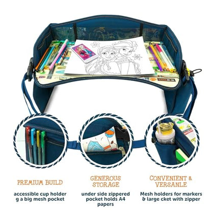 Coolmum 2-in-1 Kids Toddler Travel Tray & Back Seat Organizer — Foldable Waterproof Car Tray with Tablet Holder, Cup Holder, Storage Pockets for Road Trips & Airplane (Premium Blue) - color: Premium Blue