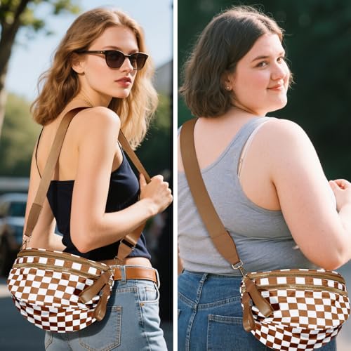 Checkered Crossbody Bags for Women, Large Nylon Bum Bags - color: Brown Checkered