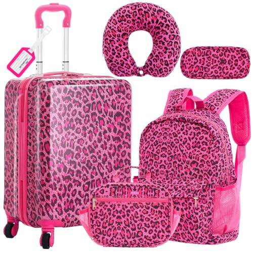 Redbaker 6 Pcs Kids Luggage Set, 17 Inch, Pink Leopard Print - color: Hot Pink