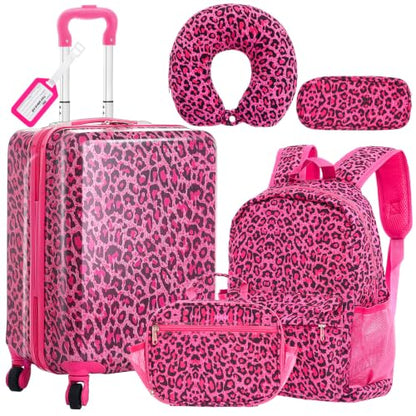 Redbaker 6 Pcs Kids Luggage Set, 17 Inch, Pink Leopard Print - color: Hot Pink