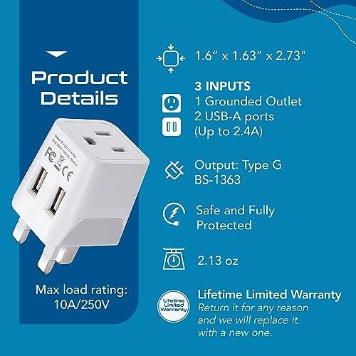 Ceptics US to UK Plug Adapter, Dual USB Adapter for UAE, Ireland, Hong Kong - color: Snow White