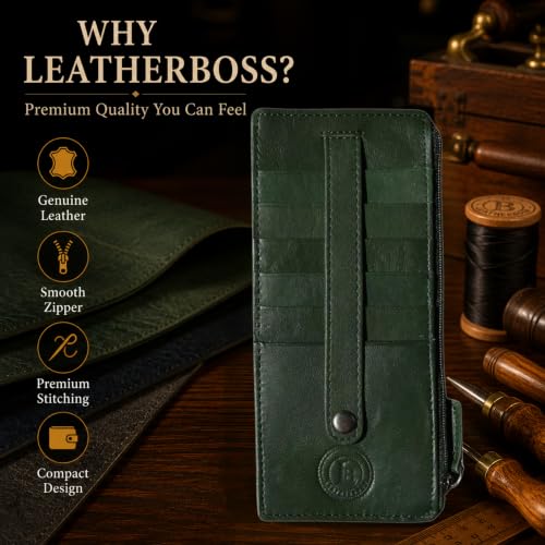 Leatherboss Genuine Leather Women's All in One Credit Business Card Case Holder Slim Zipper Wallet With a Card Protection Strap, Teal Green - color: Teal Green