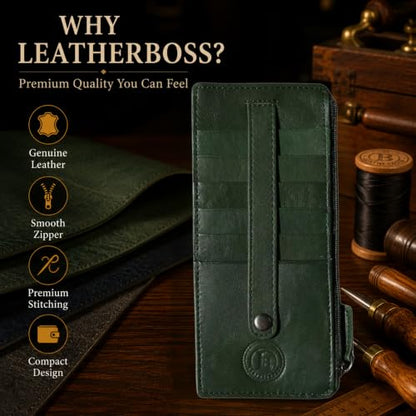 Leatherboss Genuine Leather Women's All in One Credit Business Card Case Holder Slim Zipper Wallet With a Card Protection Strap, Teal Green - color: Teal Green