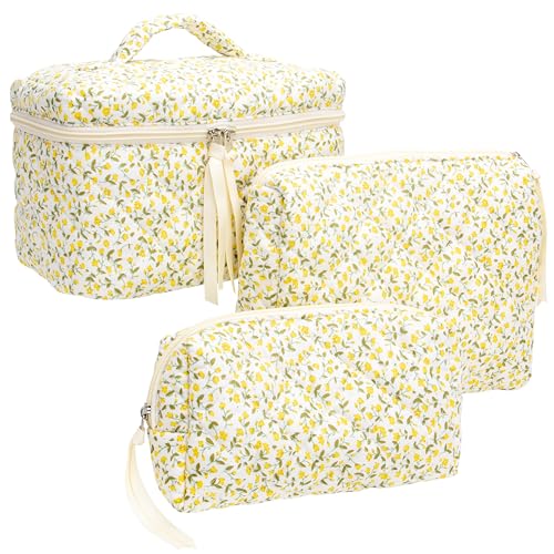 3 Piece Quilted Makeup Bag Set for Women,Cosmetic&Toiletry,Floral Yellow | Cute Zipper Makeup Organizer for Cosmetics, Toiletries,Skincare, Makeup Brushes, Beauty Essentials, Travel Accessories&Gifts - color: Floral Yellow