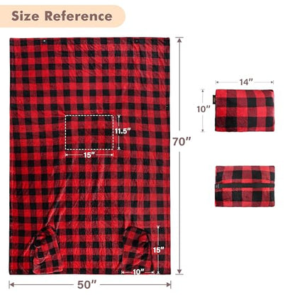 Tirrinia Travel Portable Blanket with Feet Pocket Airplane Office Poncho - color: Plaid Red, size: 50x70 inch (Button Back / Foot Pocket)