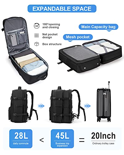 WONHOX Large Travel Laptop Backpack Expandable Flight Approved Backpack Carry on Backpack for Women Men Waterproof 17inch Laptop Daypack Hiking Work Backpack with Shoe Compartment Black - color: A6-black
