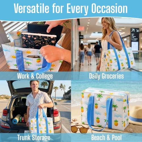 VENO 4 Pack Utility Tote Reusable Grocery Bags with Zipper & Hard Bottom - color: Tropical Island, size: 4 Pack