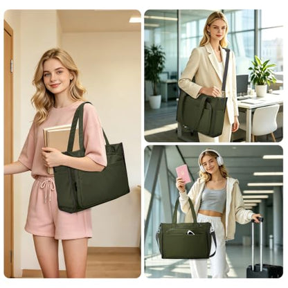 oscaurt Work Tote Bag for Women, 18 Pocket Laptop Tote, 15.6" Compartment - color: Army Green