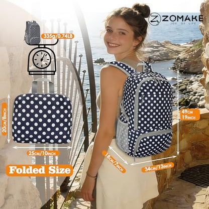 ZOMAKE Lightweight Packable Backpack 30L, Foldable Travel Hiking Daypack - color: D-navy Blue,white Polka Dots