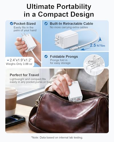 35w Retractable iPhone Wall Charger USB C, 3-in-1 Fast Charging Bloc | Built-In Retractable Cable, Usb-C & Usb-A Multi Ports, Foldable Plug Travel Ac Power Adapter For Apple 17e 17 Pro 16e 16 15 - color: Retractable Wall Charger-White