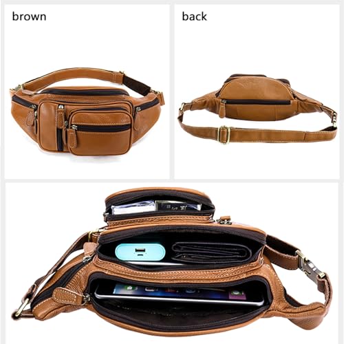 Genuine Leather Fanny Pack large capacity Crossbody Waist Bag with Zipper phone Pockets brown - color: Brown