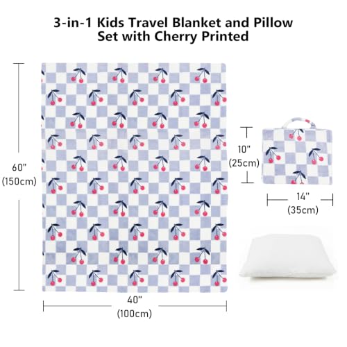 3 in 1 Kids Travel Blanket and Pillow Set with 40x60 Blanket - color: Blue Checkered & Cherry