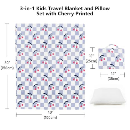 3 in 1 Kids Travel Blanket and Pillow Set with 40x60 Blanket - color: Blue Checkered & Cherry