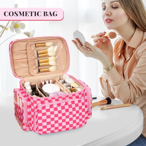 Bagmoly Large Makeup Bag, Travel Makeup Cosmetic Bag for Girls, Hotpink - color: 04-Hotpink Checkerboard, size: Medium